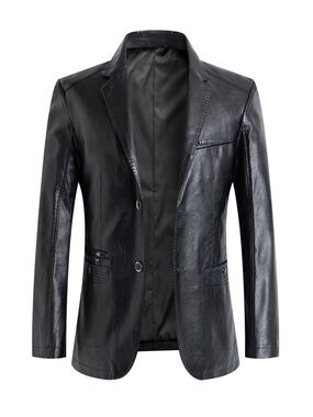 NEW Men’s chouyatou Slim Moto Faux Leather Blazer Suit Jacket Black
